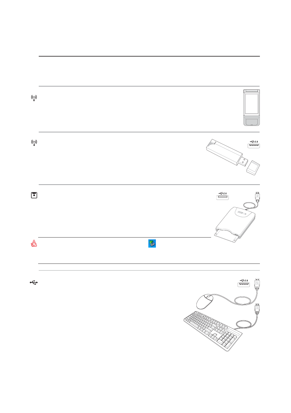 Optional accessories (cont.), Wireless lan card, Wireless lan usb adapter | Usb keyboard and mouse, Usb floppy disk drive | Asus E2333 User Manual | Page 55 / 74