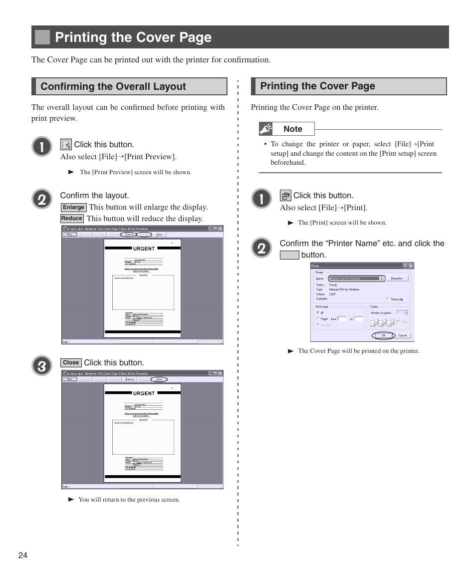 Confirming the overall layout, Confi rming the overall layout, Printing the cover page | Konica Minolta bizhub 200 User Manual | Page 24 / 26