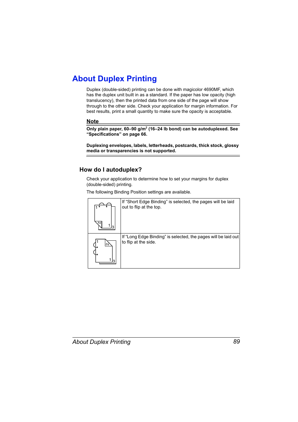 About duplex printing, How do i autoduplex, About duplex printing 89 | How do i autoduplex? 89 | Konica Minolta magicolor 4690MF User Manual | Page 101 / 286