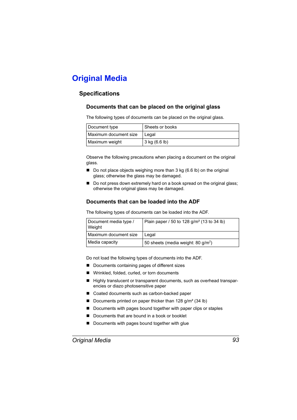 Original media, Specifications, Documents that can be placed on the original glass | Documents that can be loaded into the adf, Original media 93, Specifications 93 | Konica Minolta magicolor 4690MF User Manual | Page 105 / 286