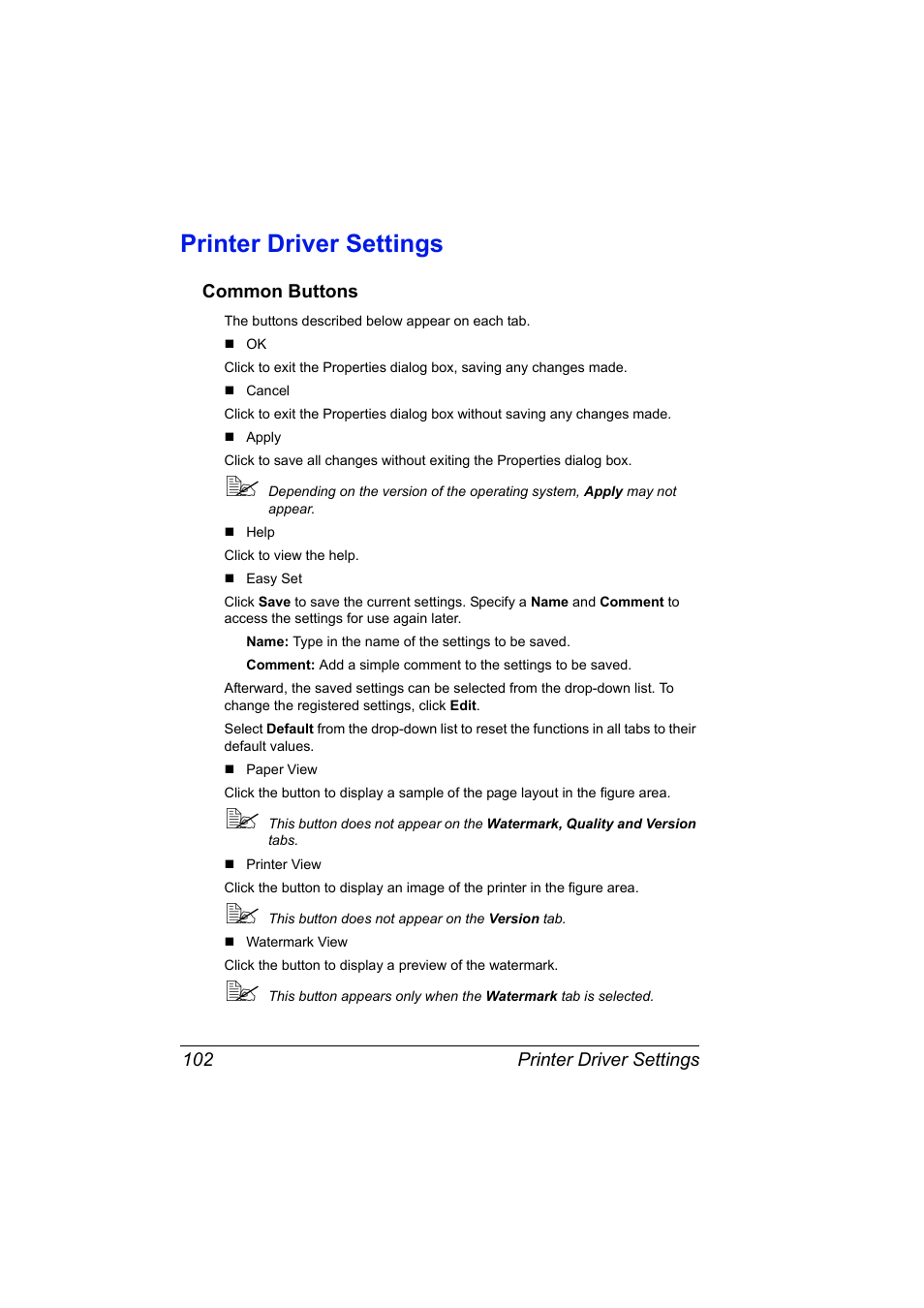 Printer driver settings, Common buttons, Printer driver settings 102 | Common buttons 102 | Konica Minolta magicolor 4690MF User Manual | Page 114 / 286