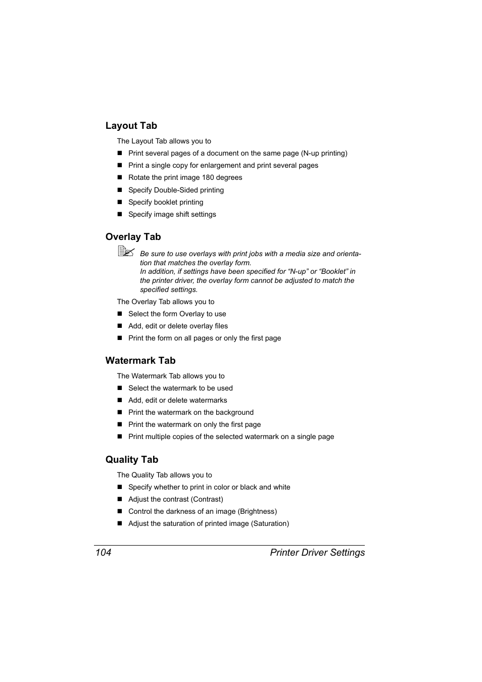 Layout tab, Overlay tab, Watermark tab | Quality tab, Printer driver settings 104 layout tab | Konica Minolta magicolor 4690MF User Manual | Page 116 / 286