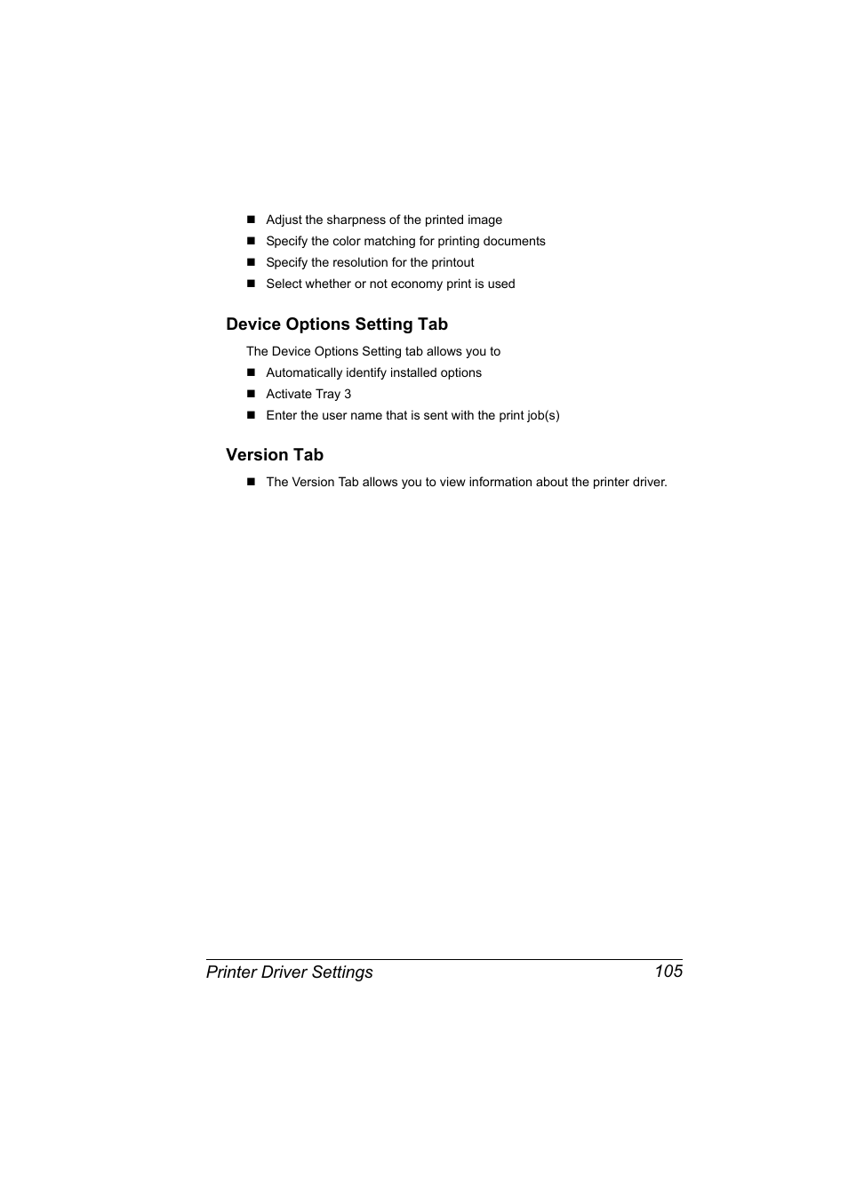 Device options setting tab, Version tab, Device options setting tab 105 version tab 105 | Printer driver settings 105 | Konica Minolta magicolor 4690MF User Manual | Page 117 / 286