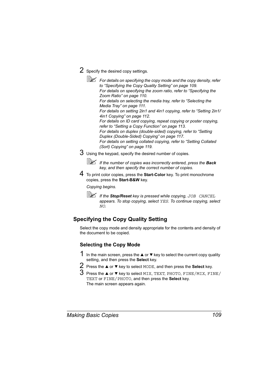 Specifying the copy quality setting, Selecting the copy mode, Specifying the copy quality setting 109 | Selecting the copy mode 109 | Konica Minolta magicolor 4690MF User Manual | Page 121 / 286