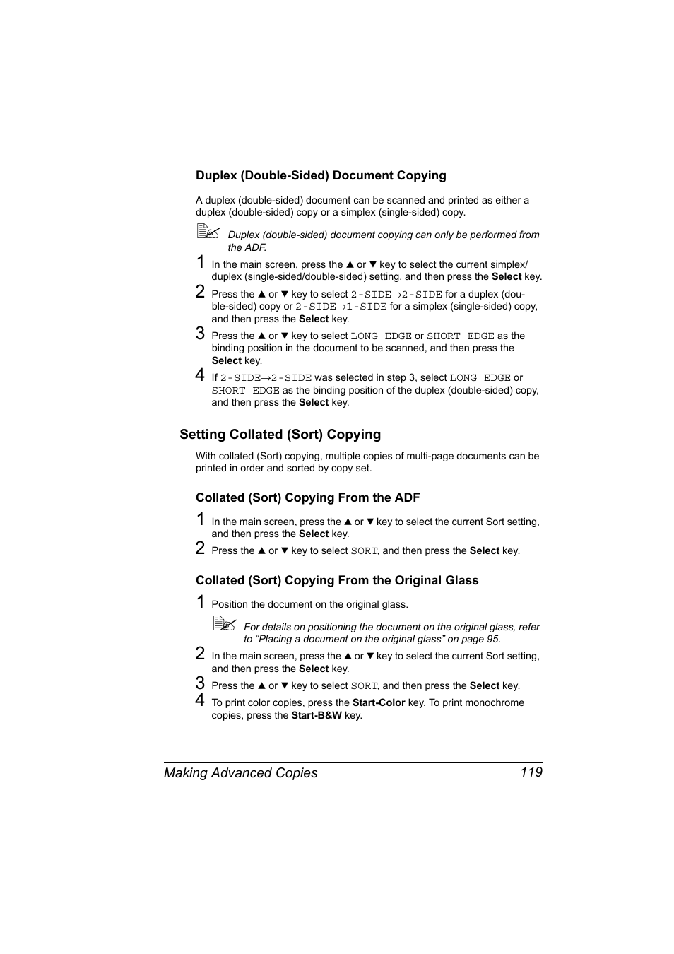 Duplex (double-sided) document copying, Setting collated (sort) copying, Collated (sort) copying from the adf | Collated (sort) copying from the original glass, Duplex (double-sided) document copying 119, Setting collated (sort) copying 119 | Konica Minolta magicolor 4690MF User Manual | Page 131 / 286
