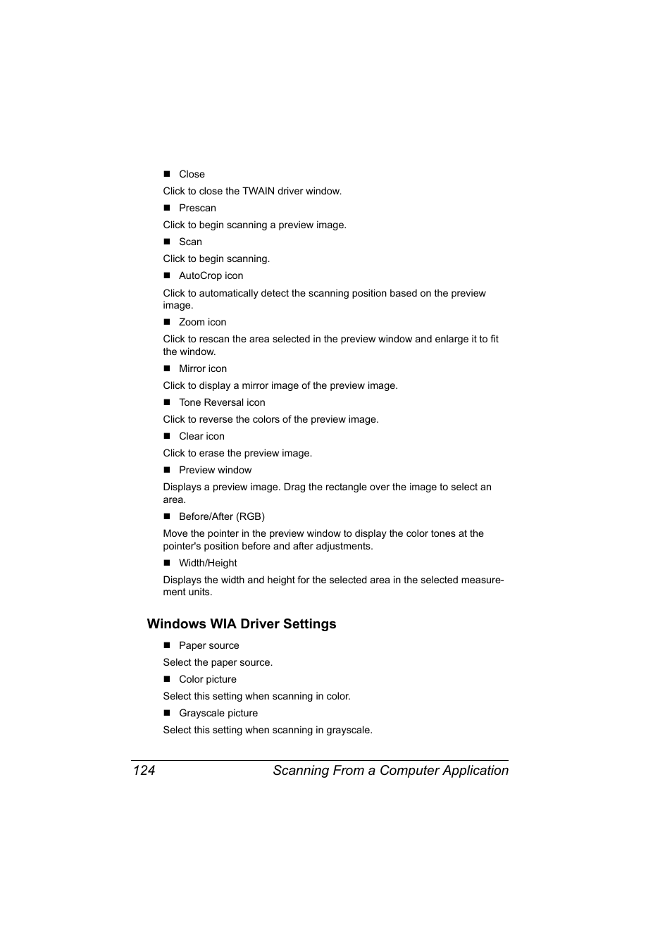 Windows wia driver settings, Windows wia driver settings 124, Scanning from a computer application 124 | Konica Minolta magicolor 4690MF User Manual | Page 136 / 286