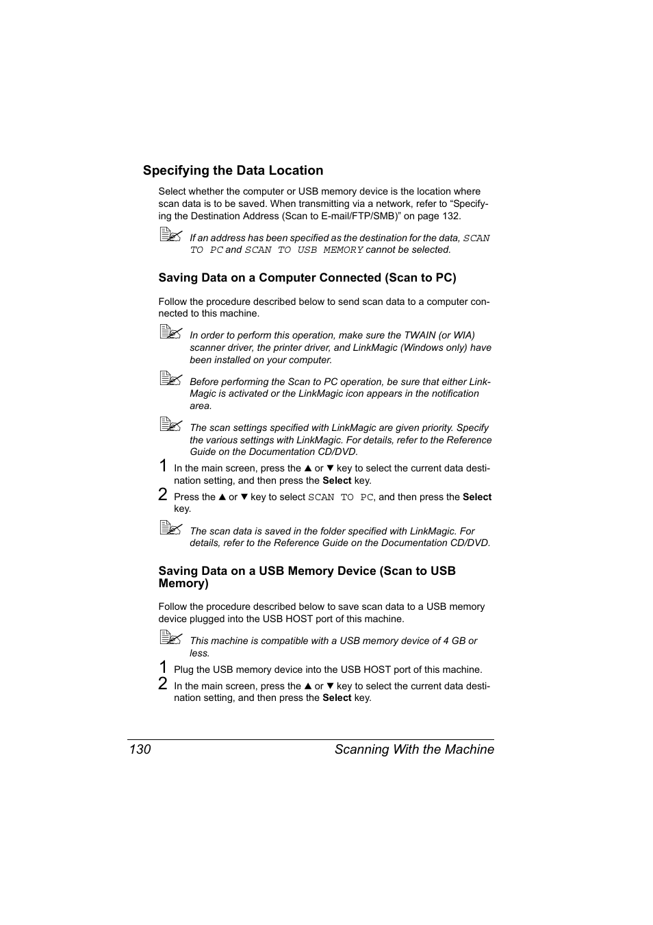 Specifying the data location, Saving data on a computer connected (scan to pc), Specifying the data location 130 | Konica Minolta magicolor 4690MF User Manual | Page 142 / 286