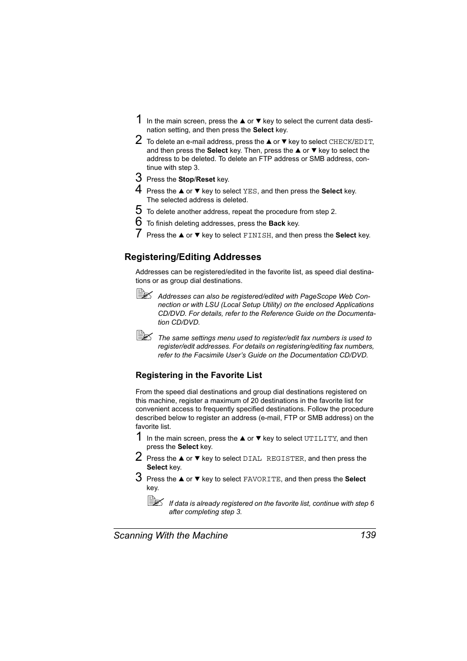 Registering/editing addresses, Registering in the favorite list, Registering/editing addresses 139 | Registering in the favorite list 139 | Konica Minolta magicolor 4690MF User Manual | Page 151 / 286