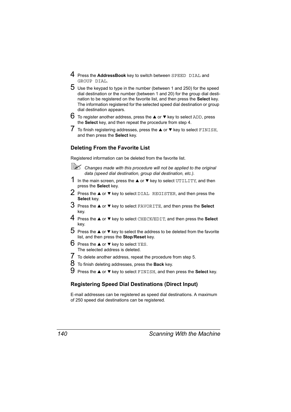 Deleting from the favorite list, Registering speed dial destinations (direct input) | Konica Minolta magicolor 4690MF User Manual | Page 152 / 286