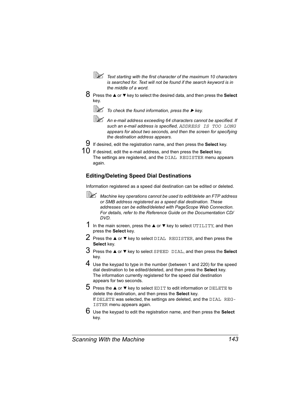 Editing/deleting speed dial destinations, Editing/deleting speed dial destinations 143 | Konica Minolta magicolor 4690MF User Manual | Page 155 / 286