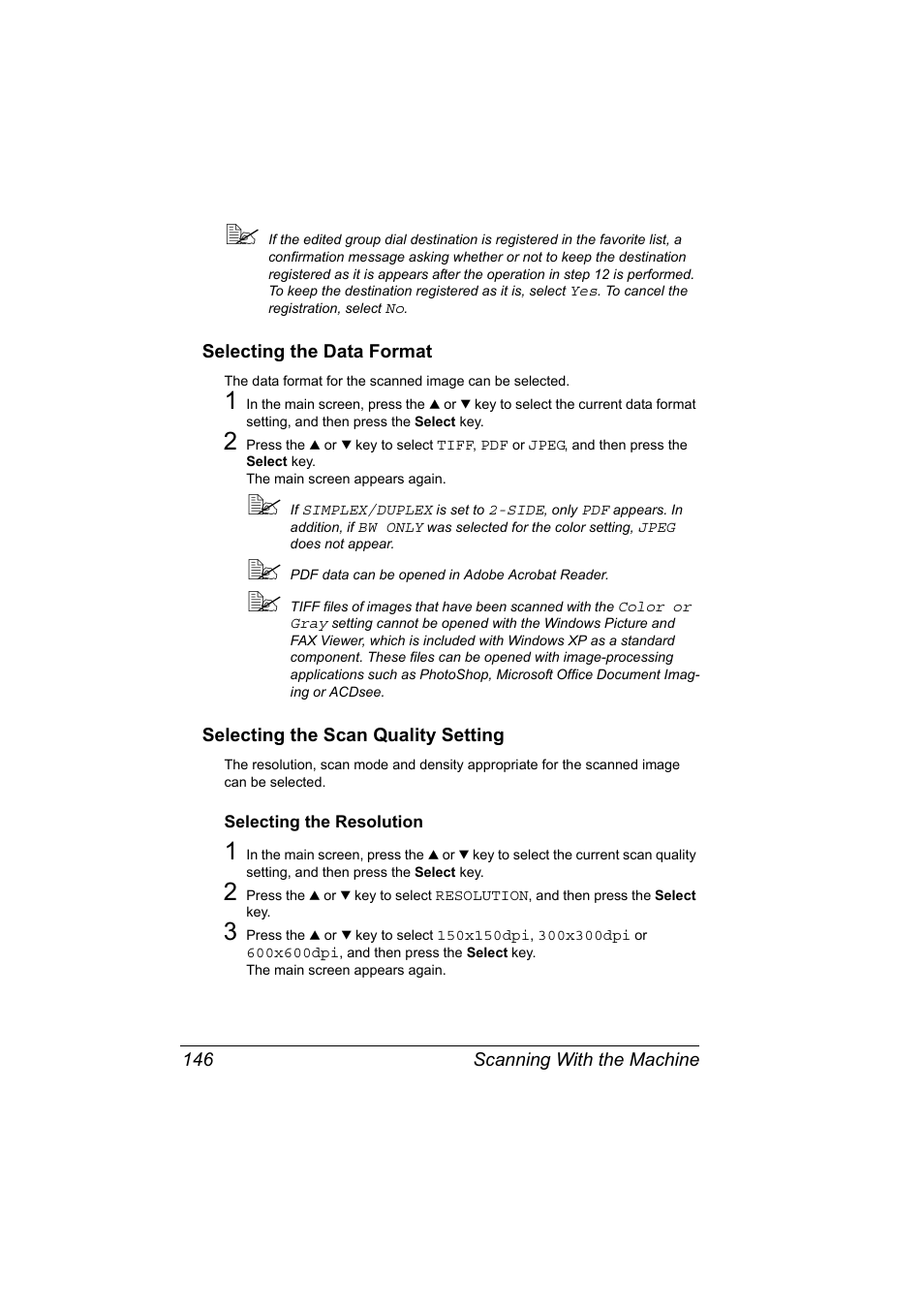 Selecting the data format, Selecting the scan quality setting, Selecting the resolution | Selecting the resolution 146 | Konica Minolta magicolor 4690MF User Manual | Page 158 / 286