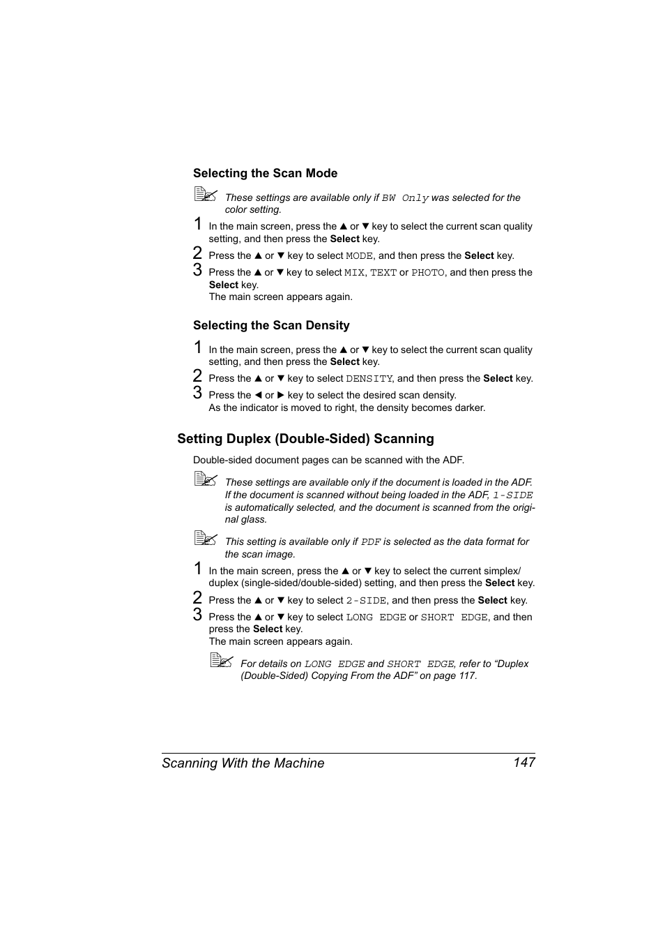 Selecting the scan mode, Selecting the scan density, Setting duplex (double-sided) scanning | Setting duplex (double-sided) scanning 147 | Konica Minolta magicolor 4690MF User Manual | Page 159 / 286