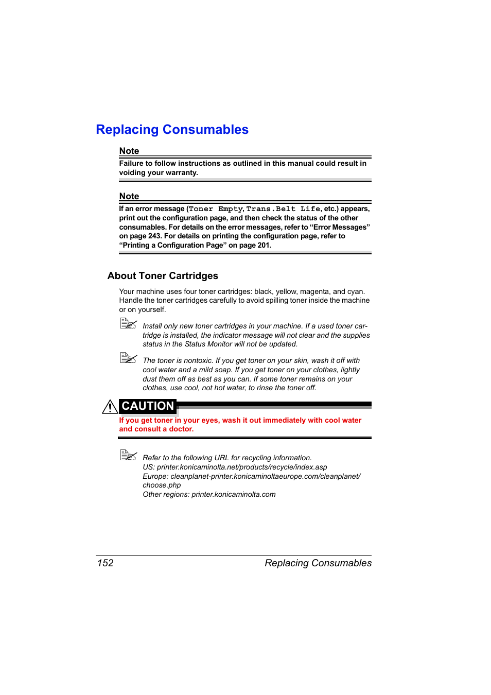 Replacing consumables, About toner cartridges, Replacing consumables 152 | About toner cartridges 152, Caution | Konica Minolta magicolor 4690MF User Manual | Page 164 / 286