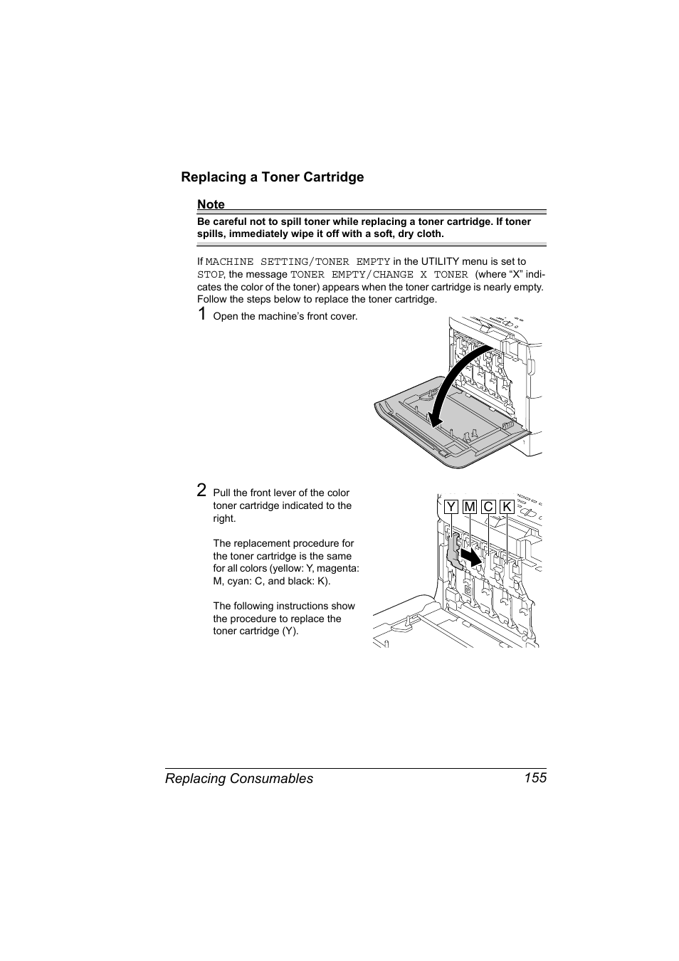 Replacing a toner cartridge, Replacing a toner cartridge 155 | Konica Minolta magicolor 4690MF User Manual | Page 167 / 286