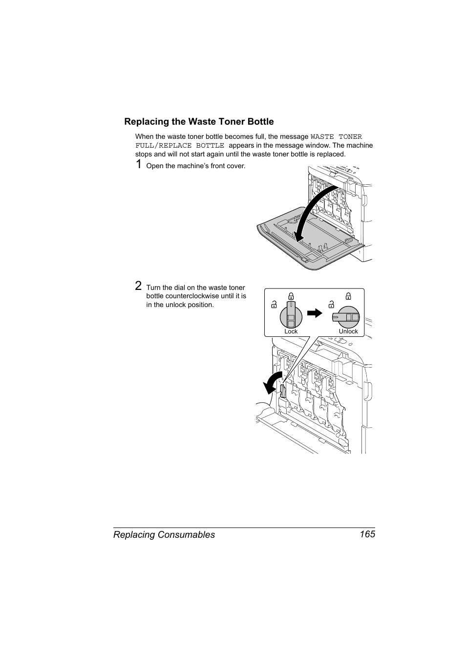 Replacing the waste toner bottle, Replacing the waste toner bottle 165 | Konica Minolta magicolor 4690MF User Manual | Page 177 / 286