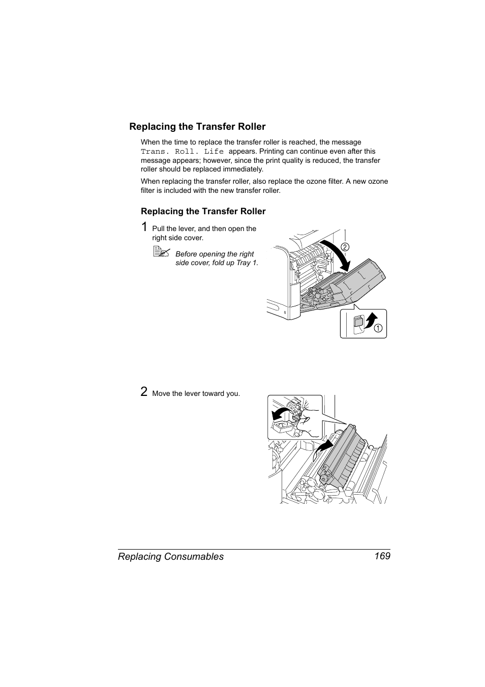 Replacing the transfer roller, Replacing the transfer roller 169 | Konica Minolta magicolor 4690MF User Manual | Page 181 / 286