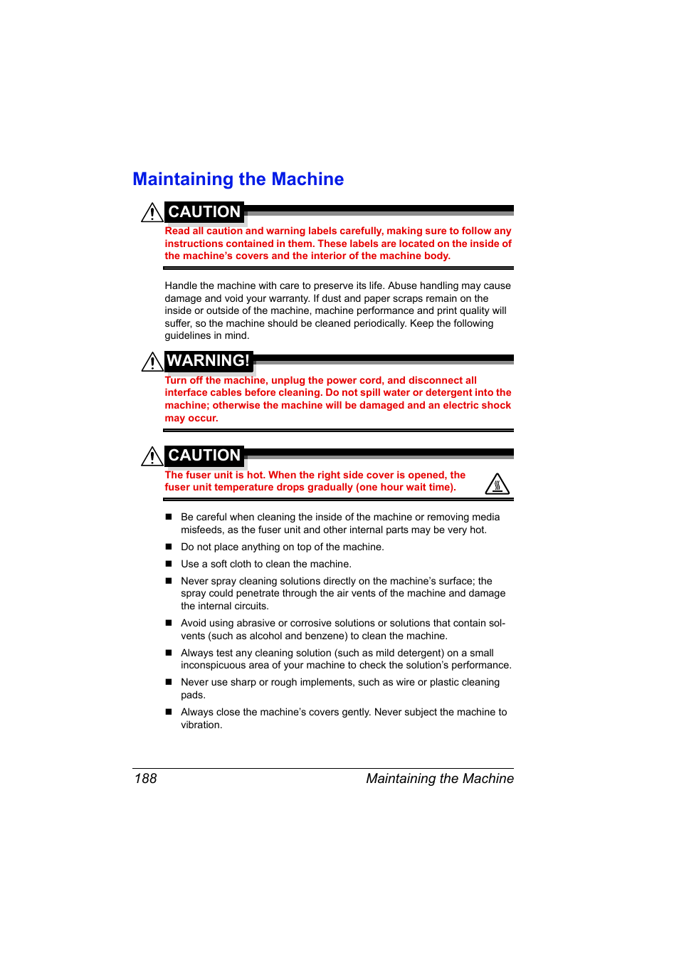 Maintaining the machine, Maintaining the machine 188, Caution | Warning | Konica Minolta magicolor 4690MF User Manual | Page 200 / 286