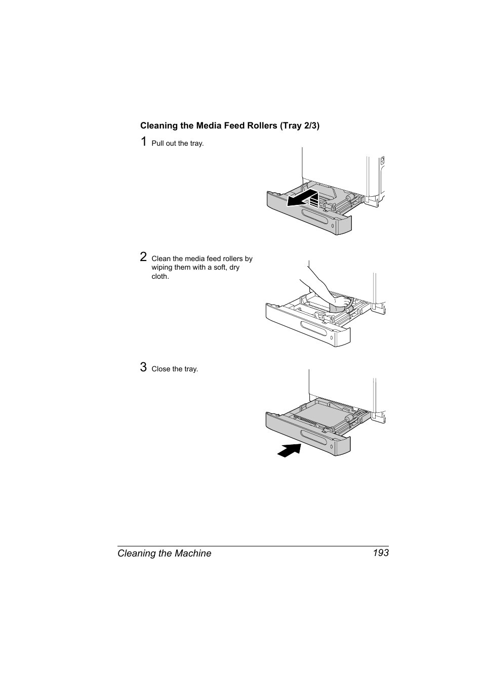 Cleaning the media feed rollers (tray 2/3), Cleaning the media feed rollers (tray 2/3) 193 | Konica Minolta magicolor 4690MF User Manual | Page 205 / 286