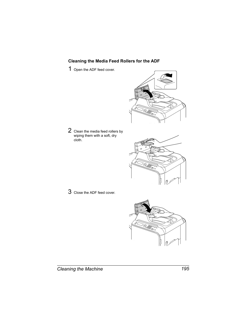 Cleaning the media feed rollers for the adf, Cleaning the media feed rollers for the adf 195 | Konica Minolta magicolor 4690MF User Manual | Page 207 / 286