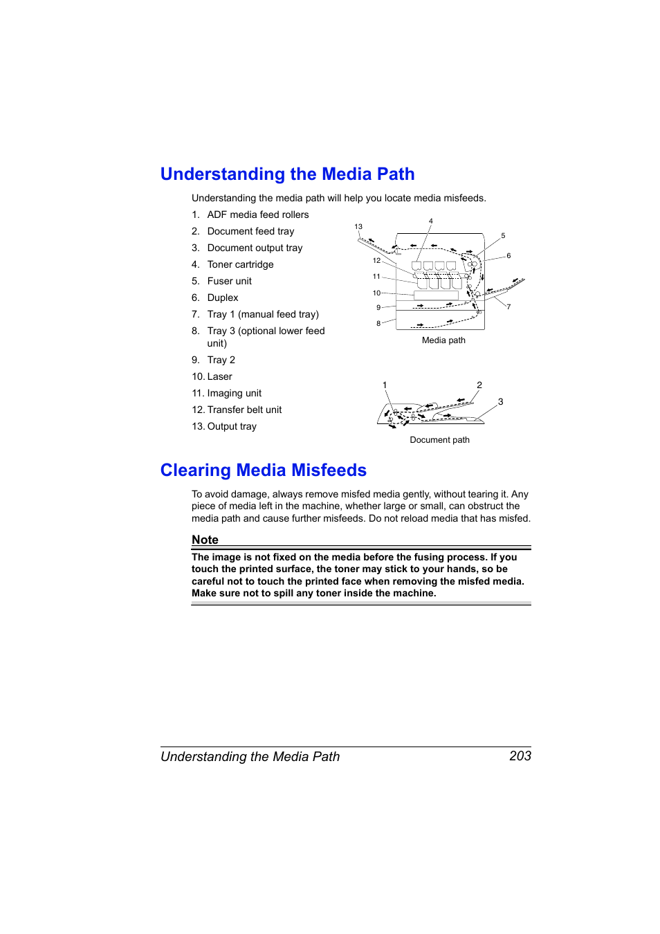 Understanding the media path, Clearing media misfeeds, Understanding the media path 203 | Konica Minolta magicolor 4690MF User Manual | Page 215 / 286