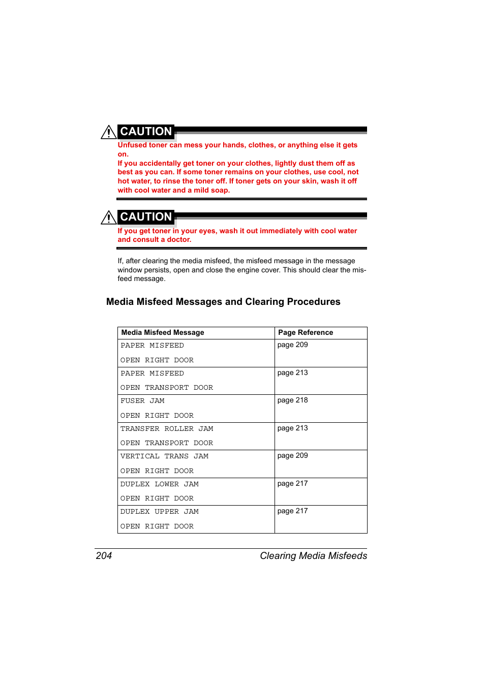 Media misfeed messages and clearing procedures, Media misfeed messages and clearing procedures 204, Caution | Clearing media misfeeds 204 | Konica Minolta magicolor 4690MF User Manual | Page 216 / 286