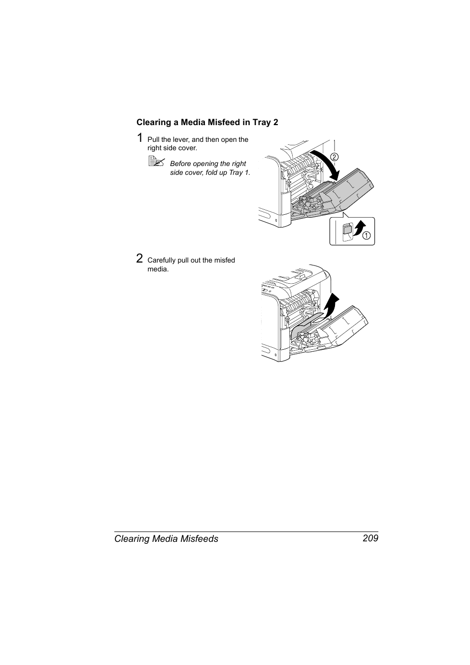 Clearing a media misfeed in tray 2, Clearing a media misfeed in tray 2 209 | Konica Minolta magicolor 4690MF User Manual | Page 221 / 286