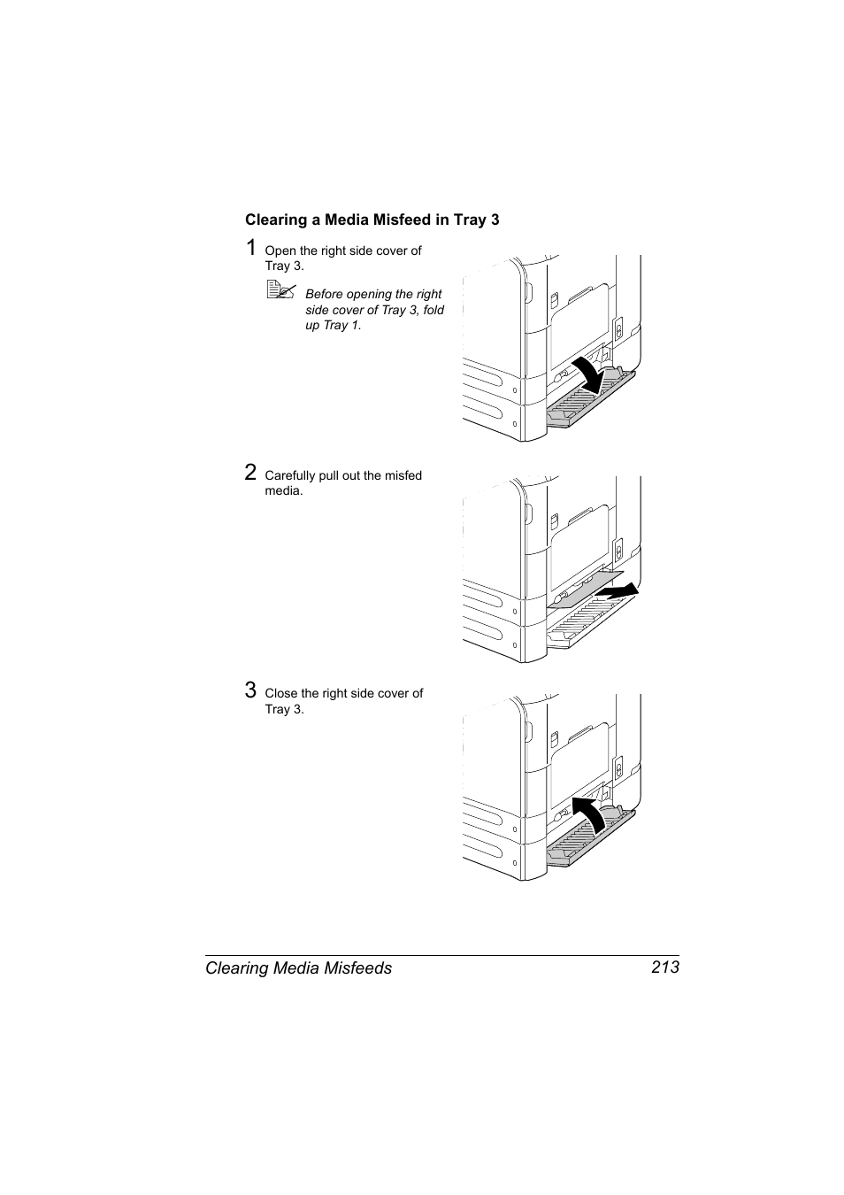 Clearing a media misfeed in tray 3, Clearing a media misfeed in tray 3 213 | Konica Minolta magicolor 4690MF User Manual | Page 225 / 286