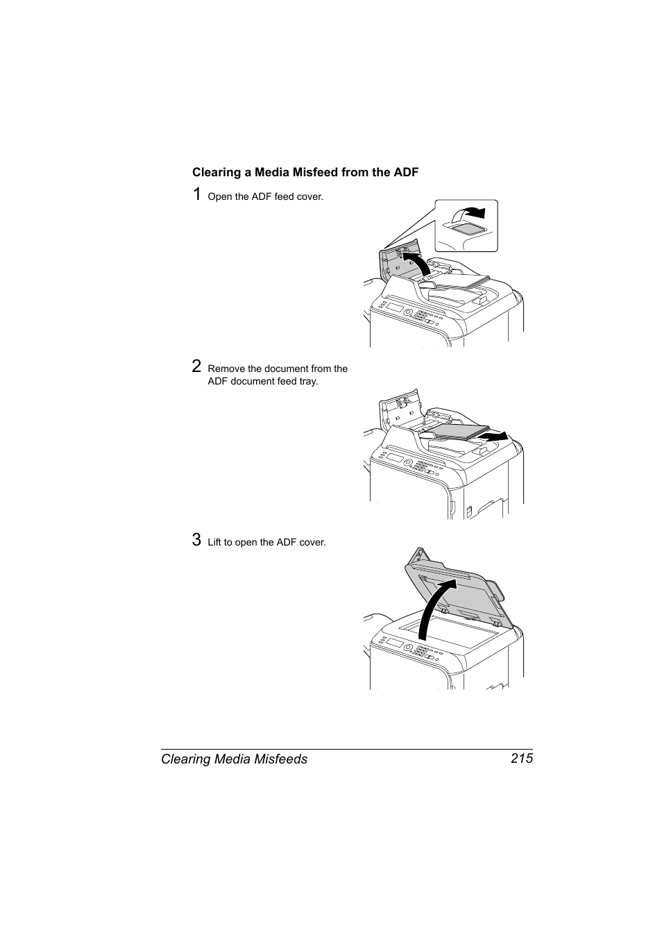 Clearing a media misfeed from the adf, Clearing a media misfeed from the adf 215 | Konica Minolta magicolor 4690MF User Manual | Page 227 / 286