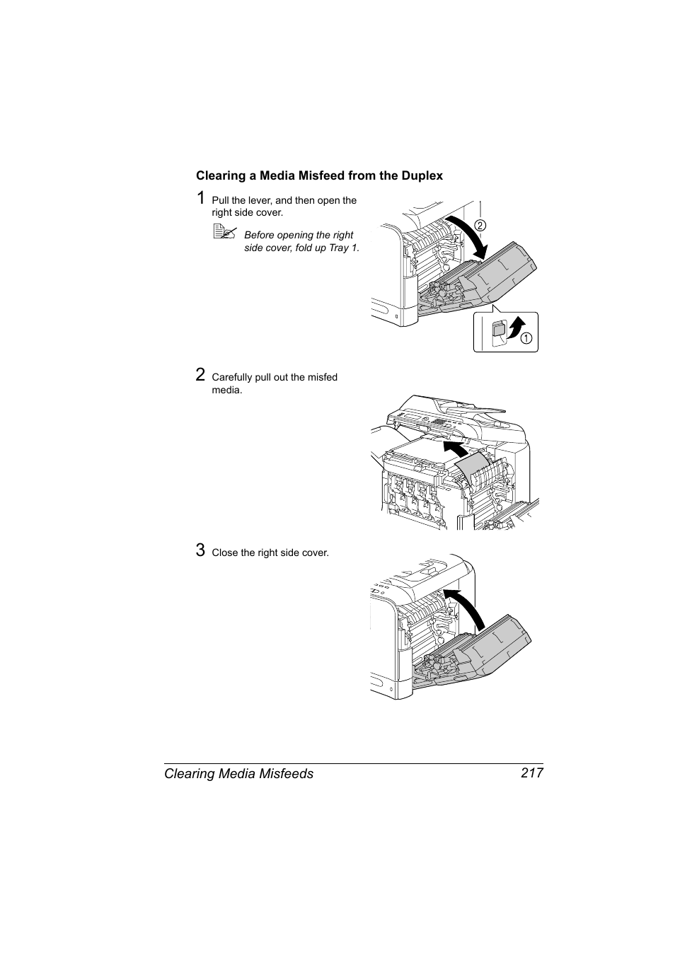 Clearing a media misfeed from the duplex, Clearing a media misfeed from the duplex 217 | Konica Minolta magicolor 4690MF User Manual | Page 229 / 286