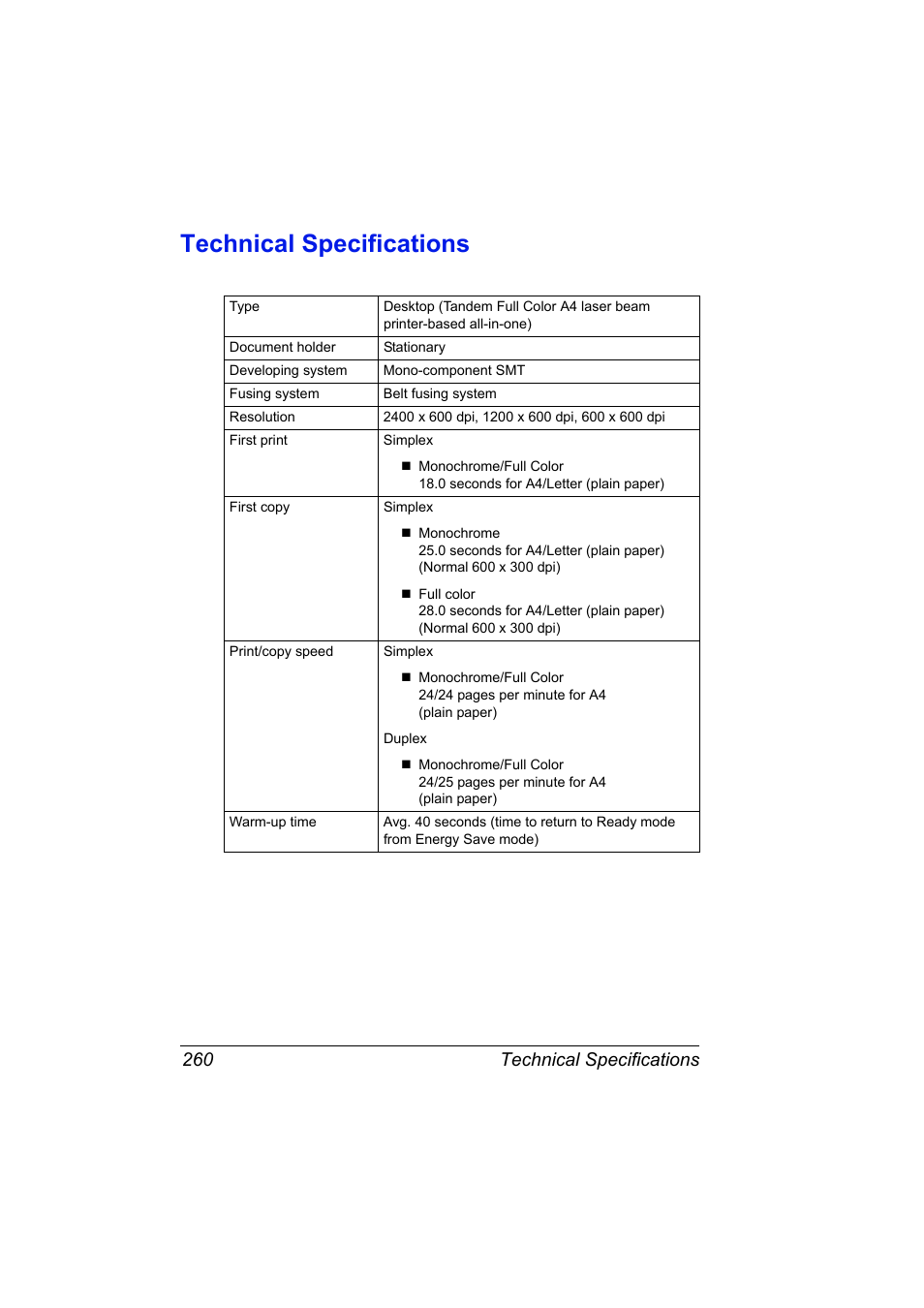 Technical specifications, Technical specifications 260 | Konica Minolta magicolor 4690MF User Manual | Page 272 / 286