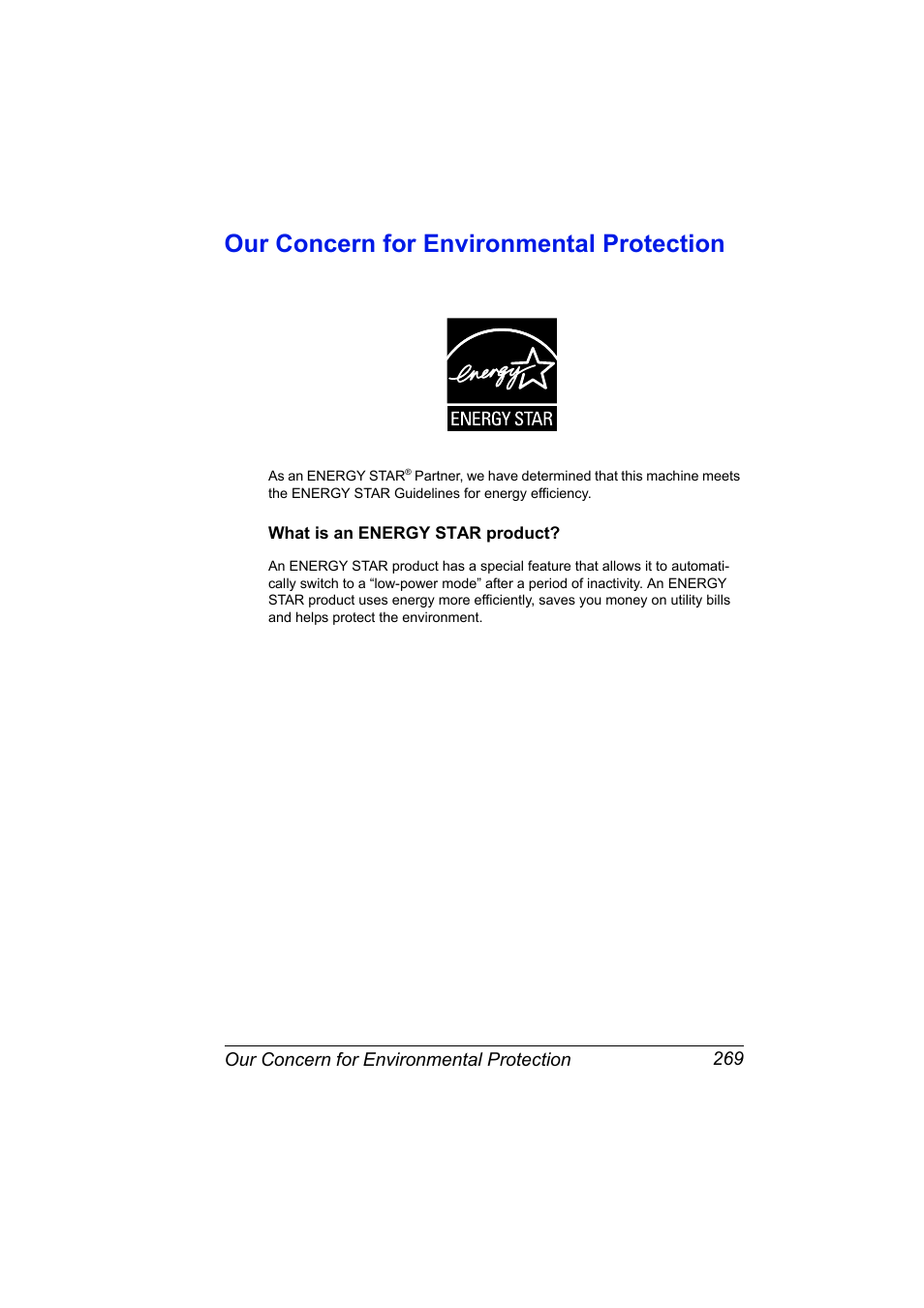 Our concern for environmental protection, What is an energy star product, Our concern for environmental protection 269 | What is an energy star product? 269 | Konica Minolta magicolor 4690MF User Manual | Page 281 / 286
