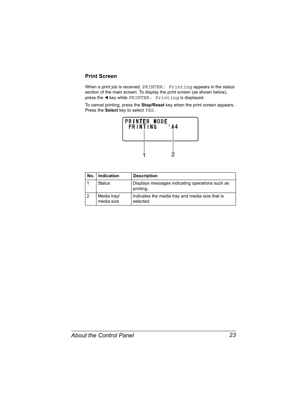 Print screen, Print screen 23, About the control panel 23 | Konica Minolta magicolor 4690MF User Manual | Page 35 / 286