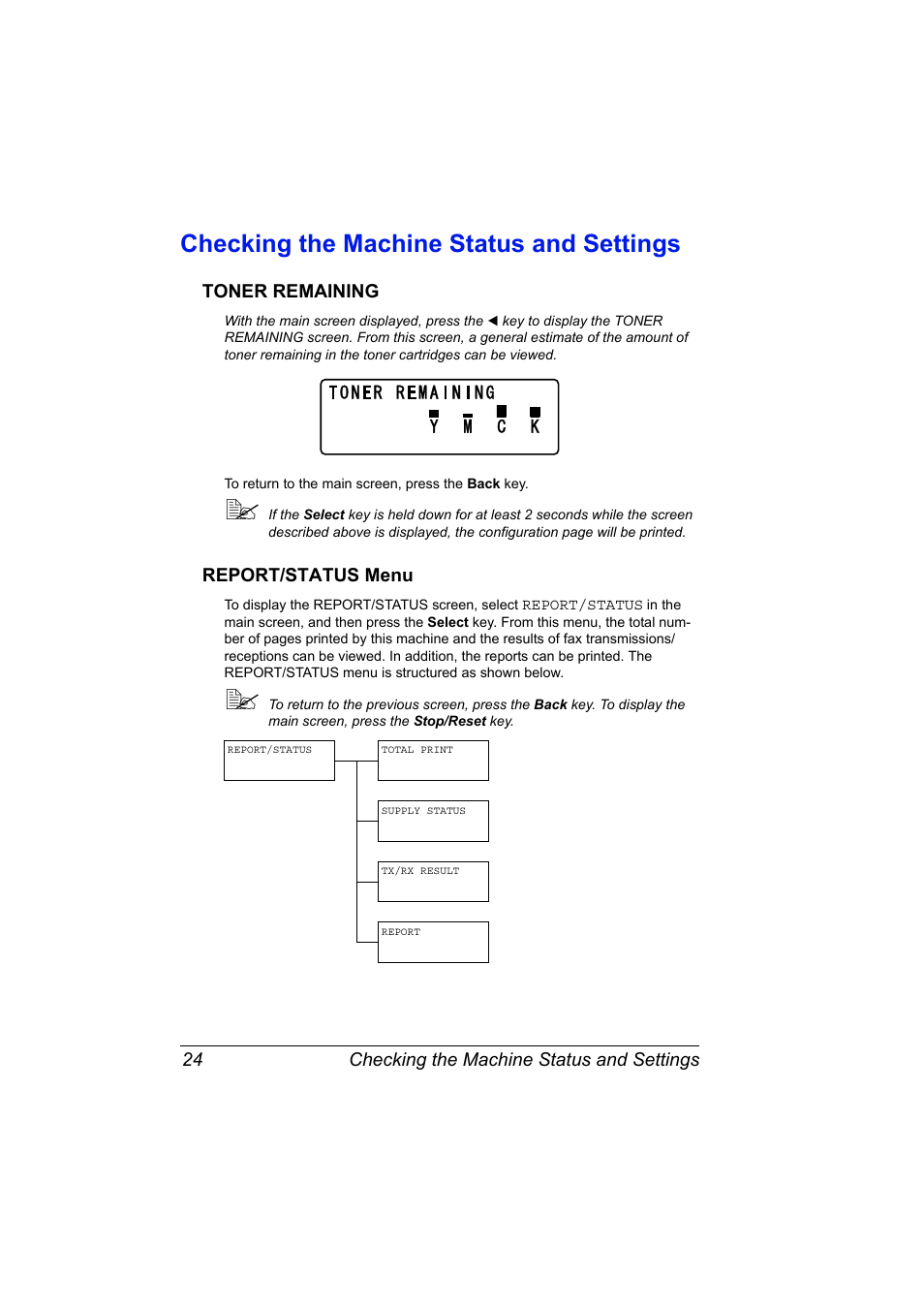 Checking the machine status and settings, Toner remaining, Report/status menu | Checking the machine status and settings 24, Toner remaining 24 report/status menu 24 | Konica Minolta magicolor 4690MF User Manual | Page 36 / 286