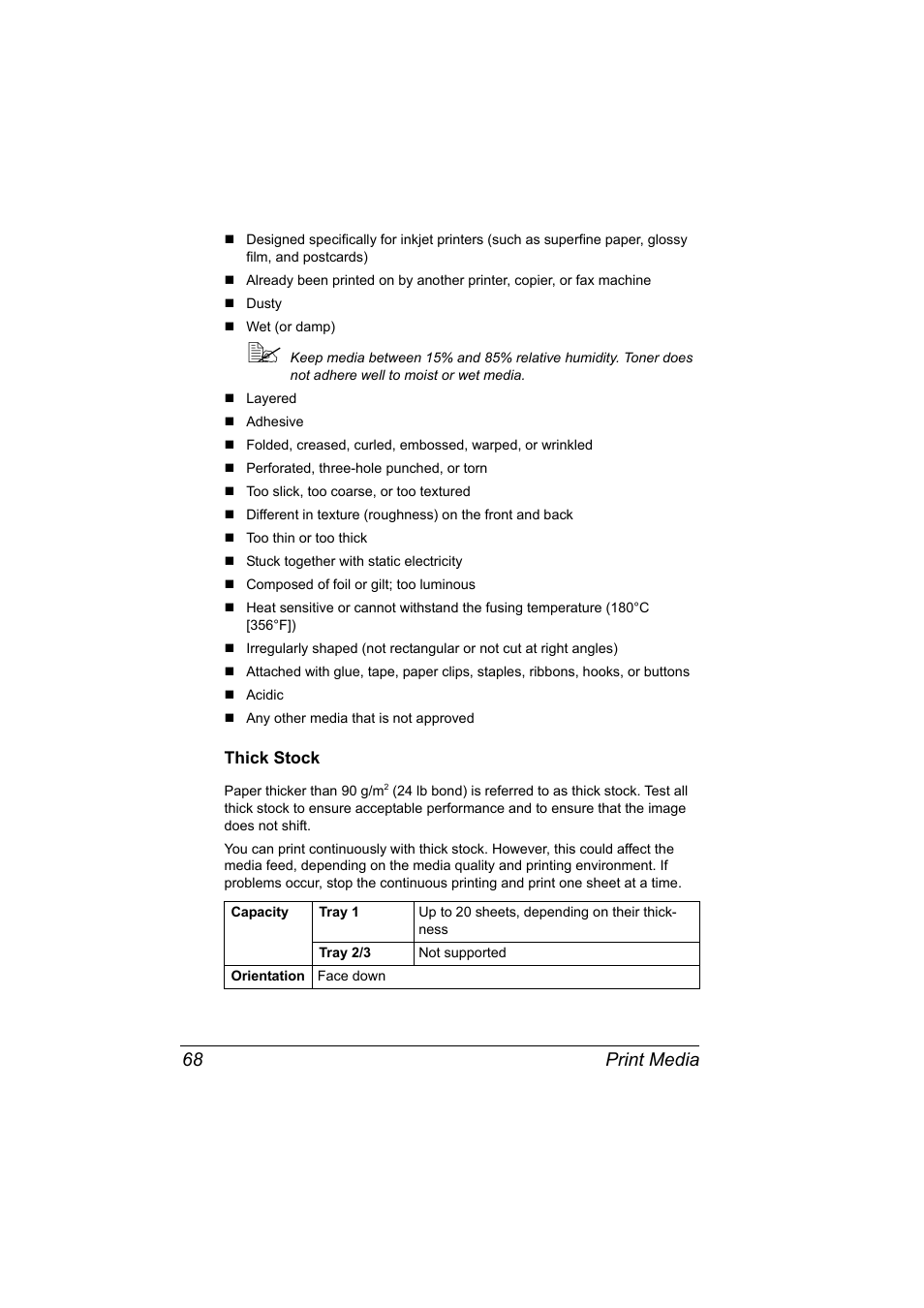 Thick stock, Thick stock 68, Print media 68 | Konica Minolta magicolor 4690MF User Manual | Page 80 / 286