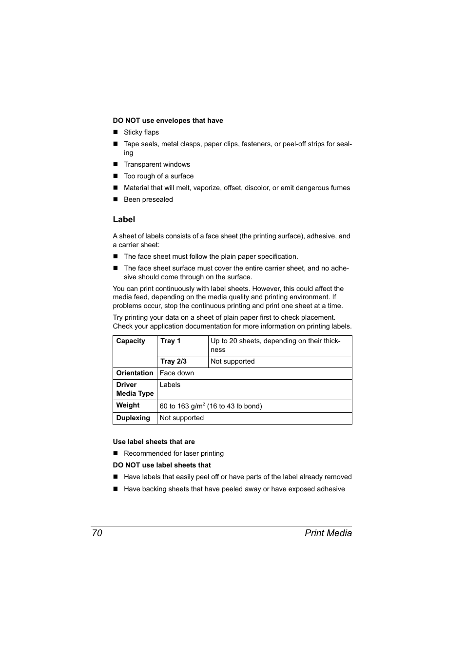 Label, Label 70, Print media 70 | Konica Minolta magicolor 4690MF User Manual | Page 82 / 286