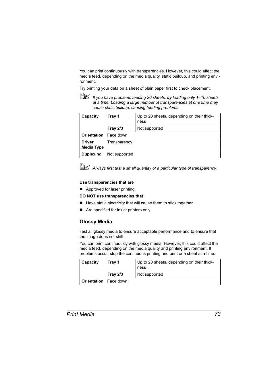 Glossy media, Glossy media 73, Print media 73 | Konica Minolta magicolor 4690MF User Manual | Page 85 / 286