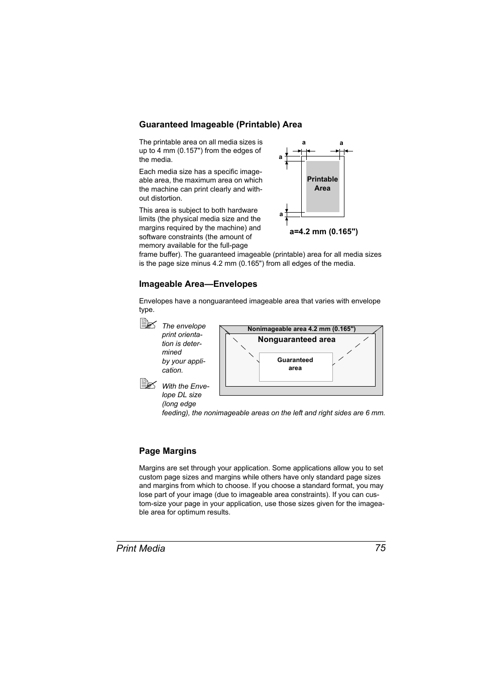Guaranteed imageable (printable) area, Imageable area-envelopes, Print media 75 | Konica Minolta magicolor 4690MF User Manual | Page 87 / 286