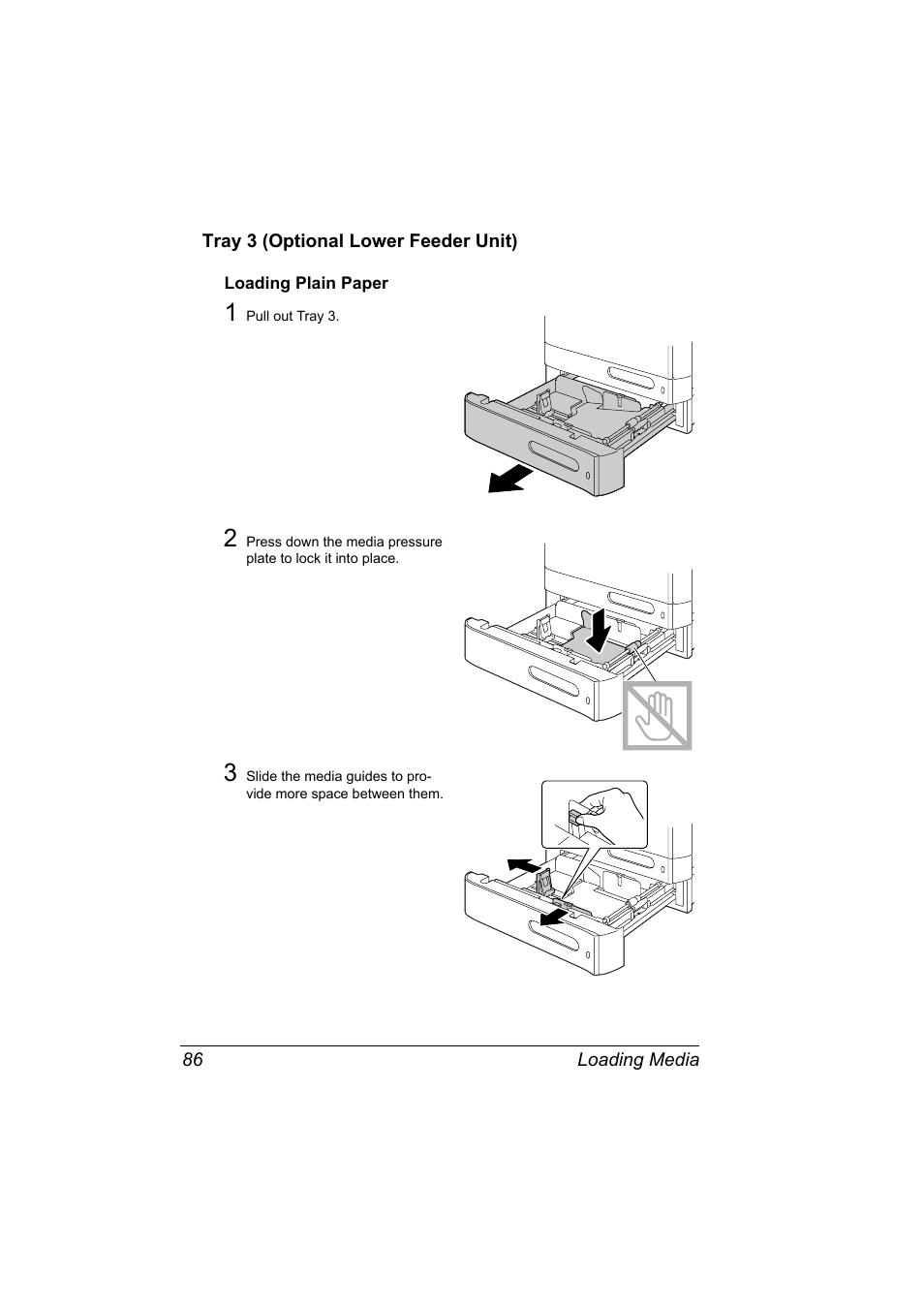 Tray 3 (optional lower feeder unit), Loading plain paper, Tray 3 (optional lower feeder unit) 86 | Loading plain paper 86 | Konica Minolta magicolor 4690MF User Manual | Page 98 / 286