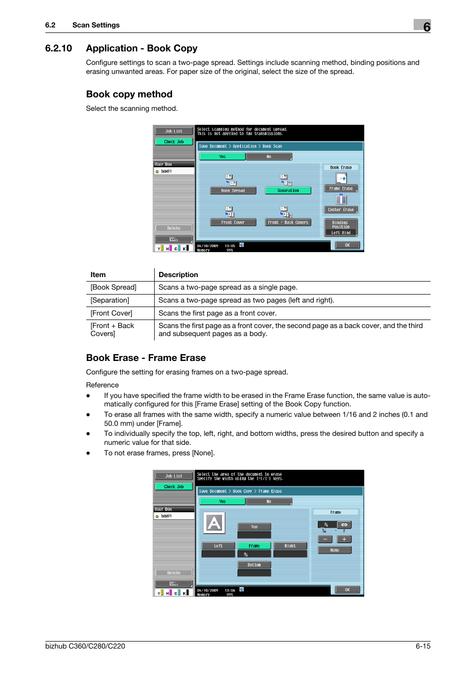 10 application - book copy, Book copy method, Book erase - frame erase | P. 6-15), P. 6-15 | Konica Minolta BIZHUB C360 User Manual | Page 101 / 292