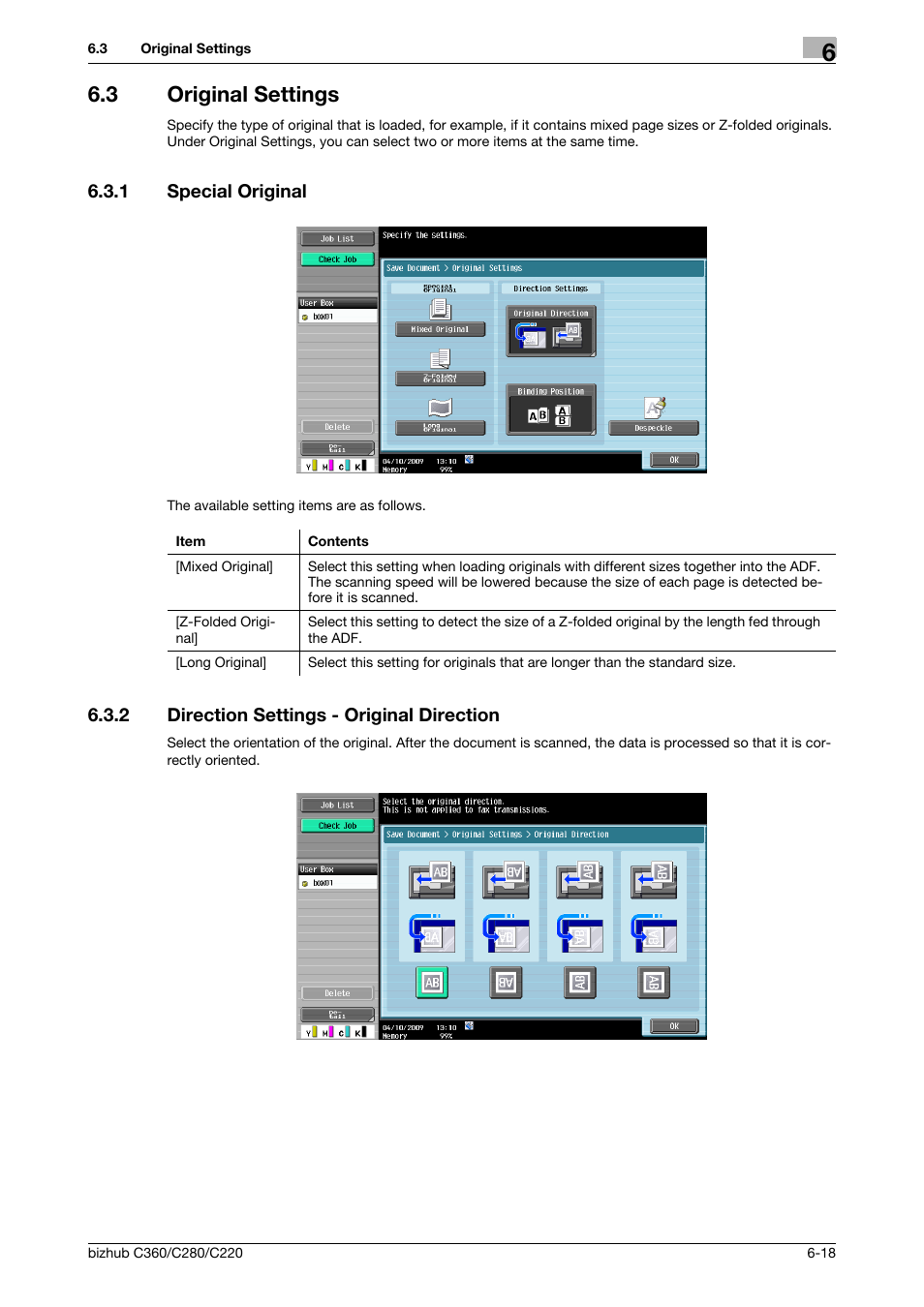 3 original settings, 1 special original, 2 direction settings - original direction | Original settings -18, Special original -18, Direction settings - original direction -18, P. 6-18), Tion] (p. 6-18 | Konica Minolta BIZHUB C360 User Manual | Page 104 / 292
