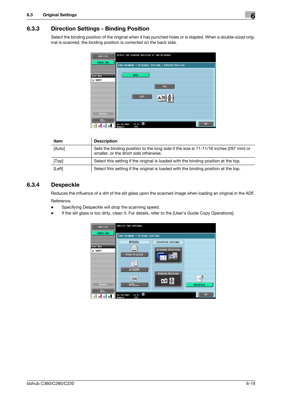 3 direction settings - binding position, 4 despeckle, Direction settings - binding position -19 | Despeckle -19, P. 6-19), Especkle] (p. 6-19), P. 6-19, Despeckle] (p. 6-19) | Konica Minolta BIZHUB C360 User Manual | Page 105 / 292