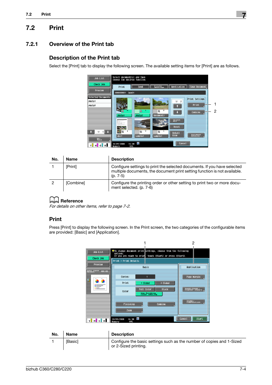 2 print, 1 overview of the print tab, Description of the print tab | Print, Print -4, Print] (p. 7-4) | Konica Minolta BIZHUB C360 User Manual | Page 109 / 292