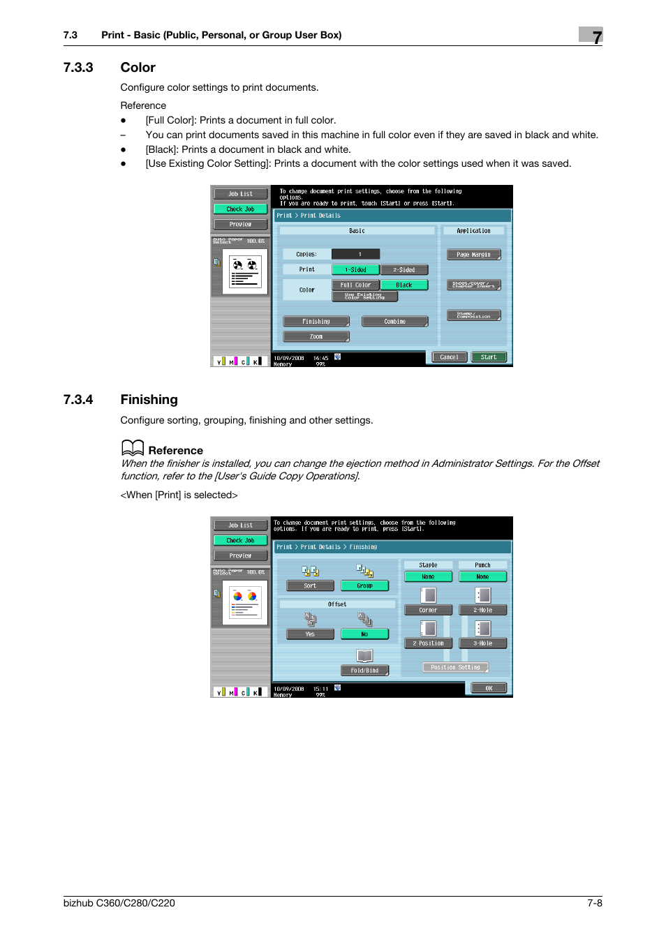 3 color, 4 finishing, Color -8 | Finishing -8, Olor] (p. 7-8), Inishing] (p. 7-8), Color] (p. 7-8), Finishing] (p. 7-8) | Konica Minolta BIZHUB C360 User Manual | Page 113 / 292