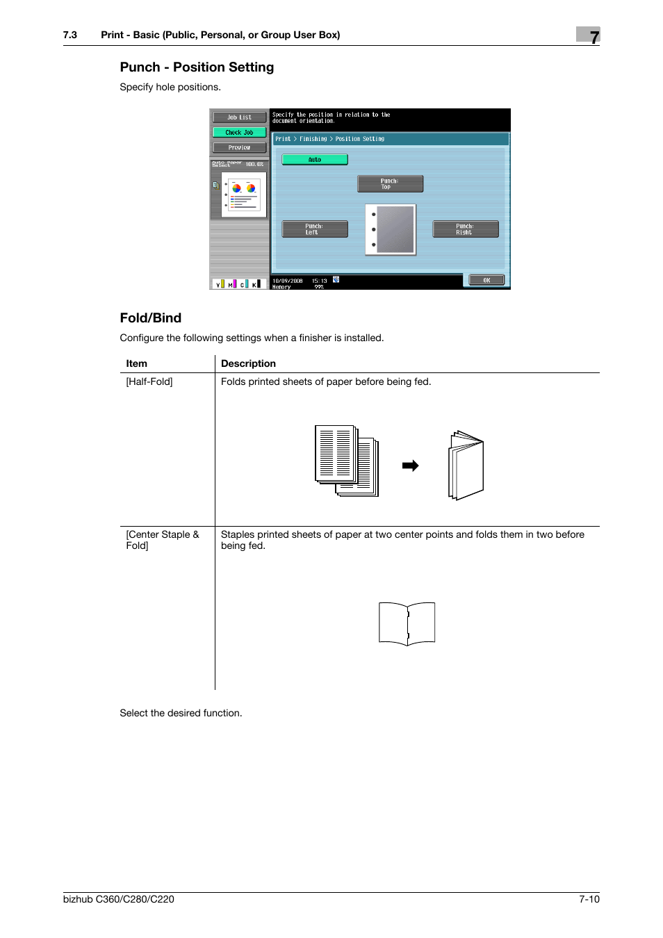 Punch - position setting, Fold/bind, Punch - position setting -10 fold/bind -10 | P. 7-10), P. 7-10 | Konica Minolta BIZHUB C360 User Manual | Page 115 / 292