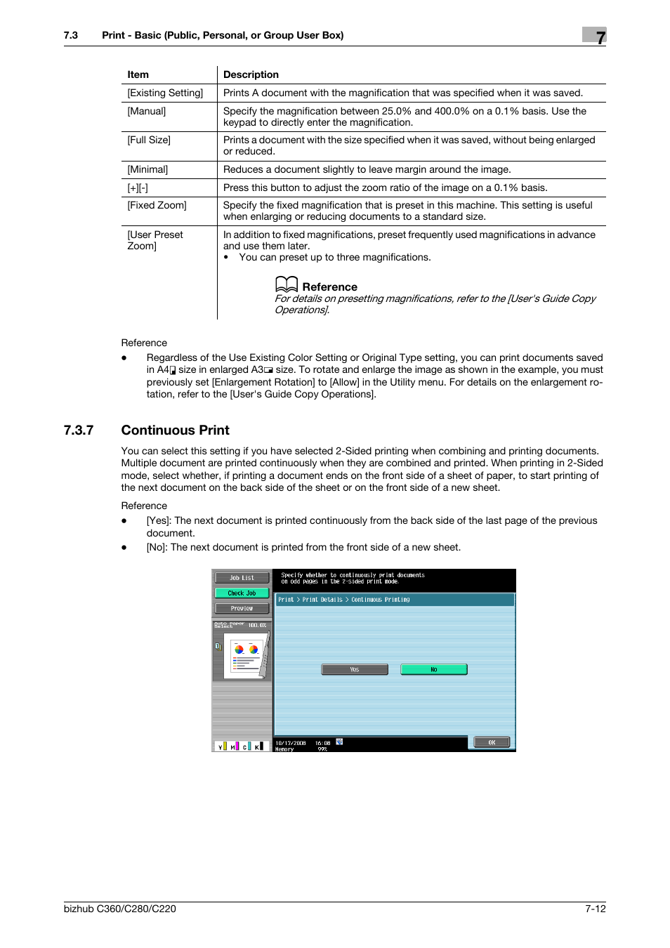 7 continuous print, Continuous print -12, Ontinuous print] (p. 7-12) | Konica Minolta BIZHUB C360 User Manual | Page 117 / 292