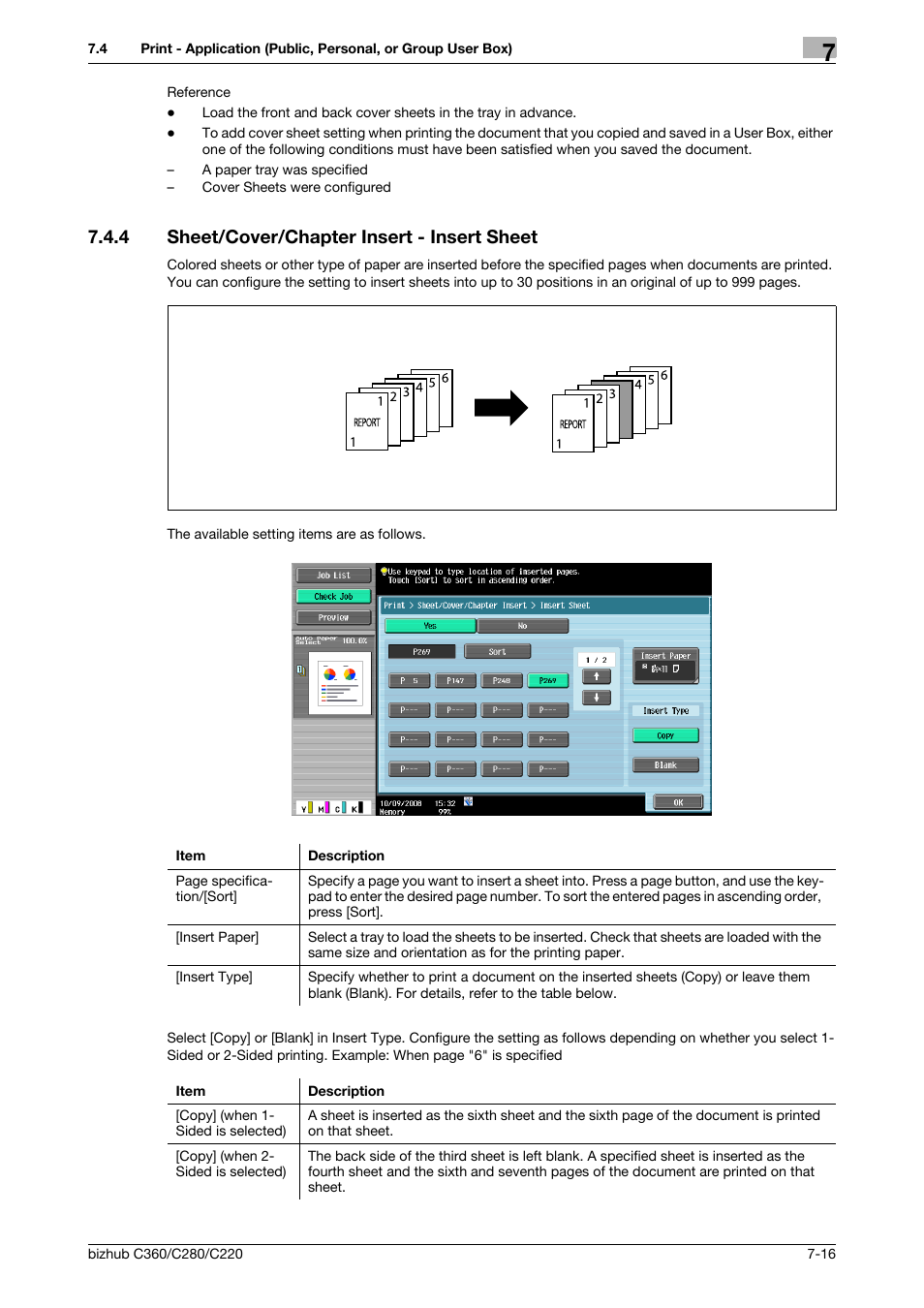 4 sheet/cover/chapter insert - insert sheet, Sheet/cover/chapter insert - insert sheet -16, P. 7-16) | P. 7-16 | Konica Minolta BIZHUB C360 User Manual | Page 121 / 292