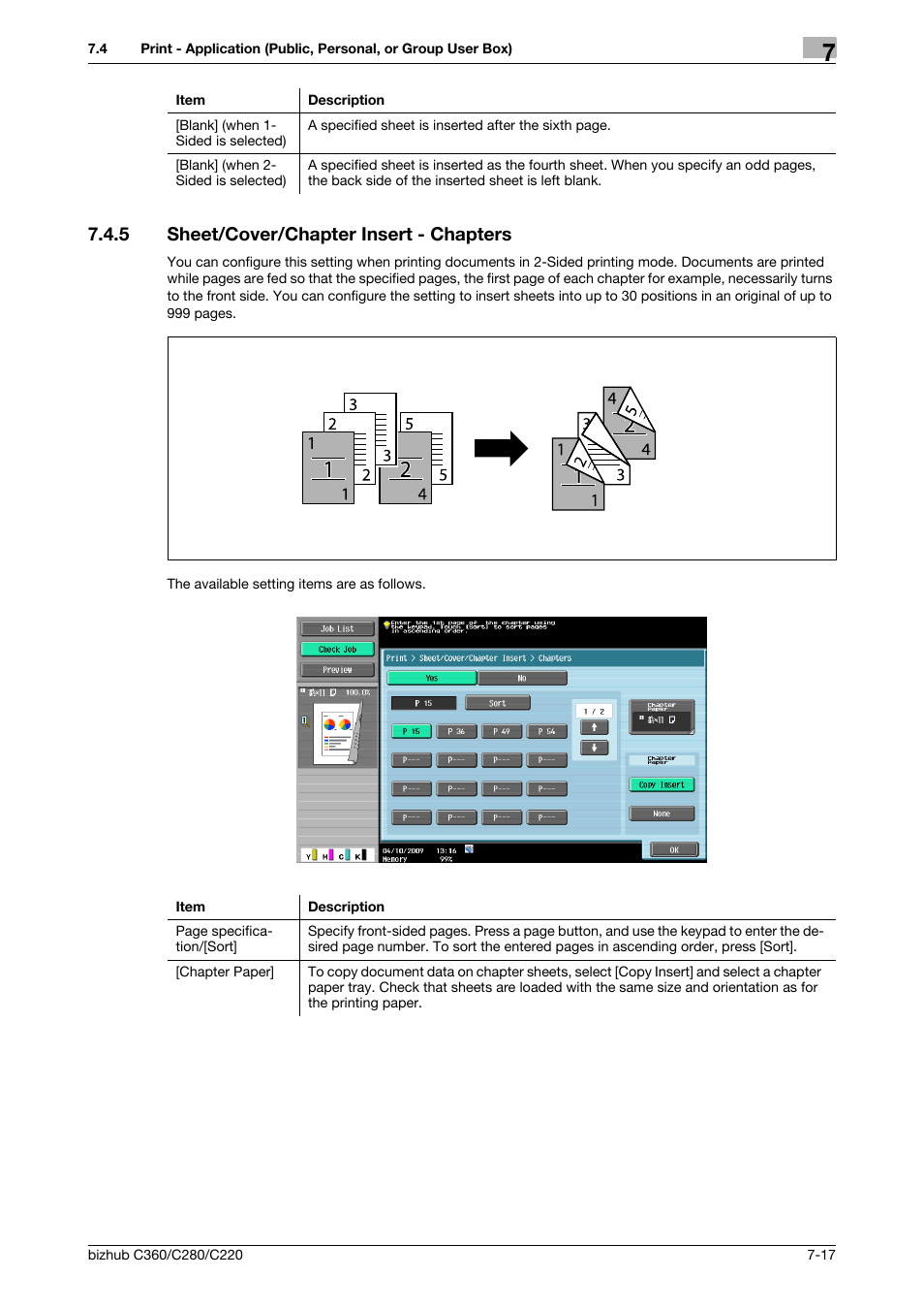 5 sheet/cover/chapter insert - chapters, Sheet/cover/chapter insert - chapters -17, P. 7-17) | P. 7-17 | Konica Minolta BIZHUB C360 User Manual | Page 122 / 292