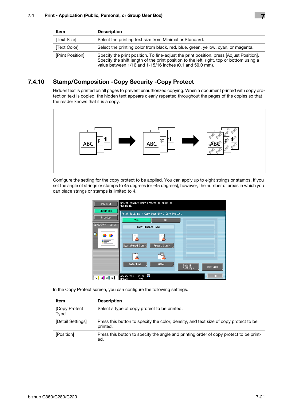 10 stamp/composition -copy security -copy protect, Stamp/composition -copy security -copy protect -21, P. 7-21) | P. 7-21 | Konica Minolta BIZHUB C360 User Manual | Page 126 / 292