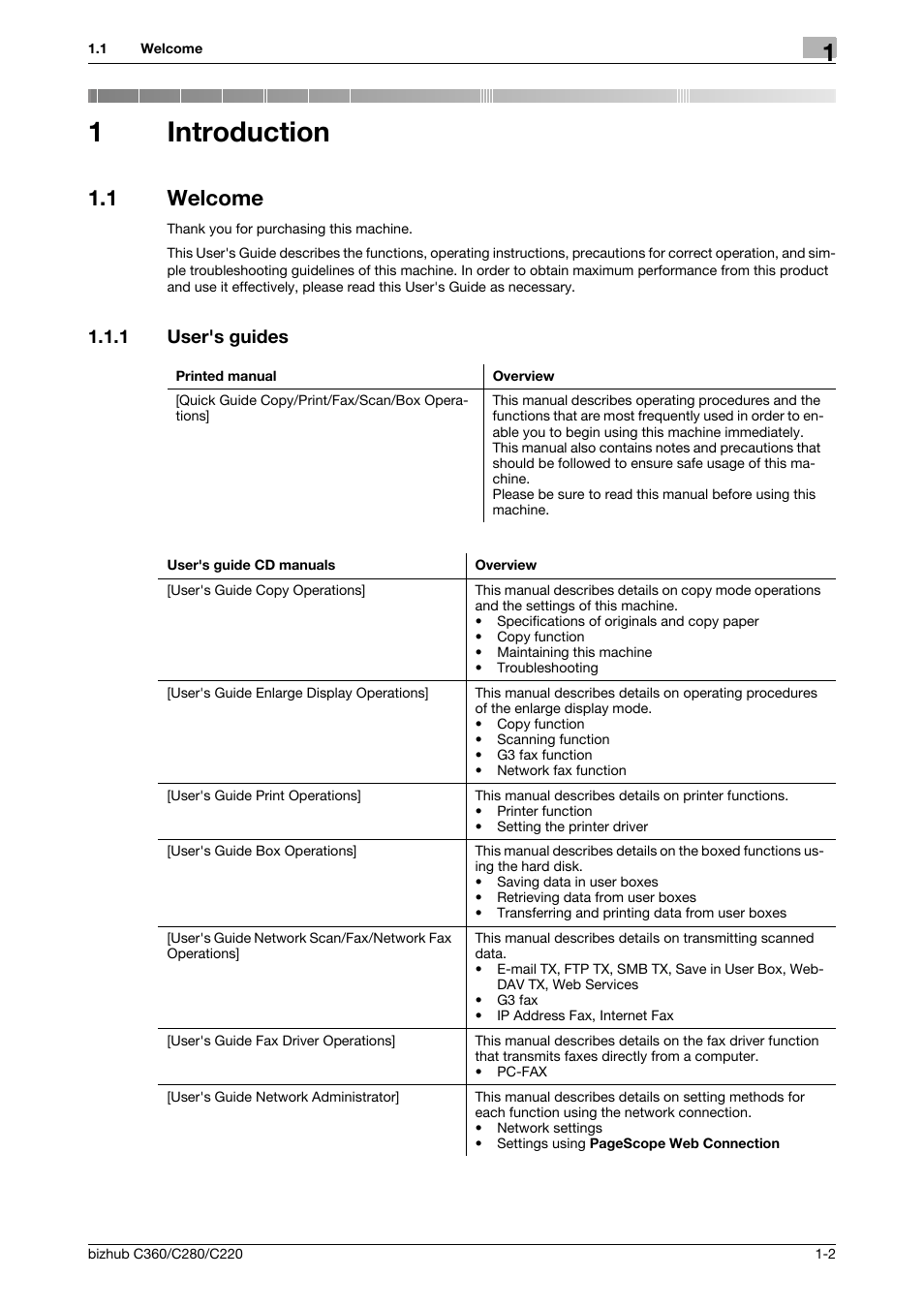 1 introduction, 1 welcome, 1 user's guides | Introduction, Welcome -2, User's guides -2, 1introduction | Konica Minolta BIZHUB C360 User Manual | Page 13 / 292