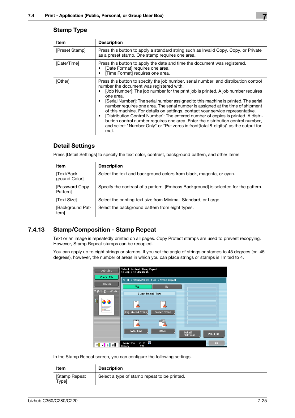 Stamp type, Detail settings, 13 stamp/composition - stamp repeat | Stamp type -25 detail settings -25, Stamp/composition - stamp repeat -25, P. 7-25), P. 7-25, Stamp type detail settings | Konica Minolta BIZHUB C360 User Manual | Page 130 / 292